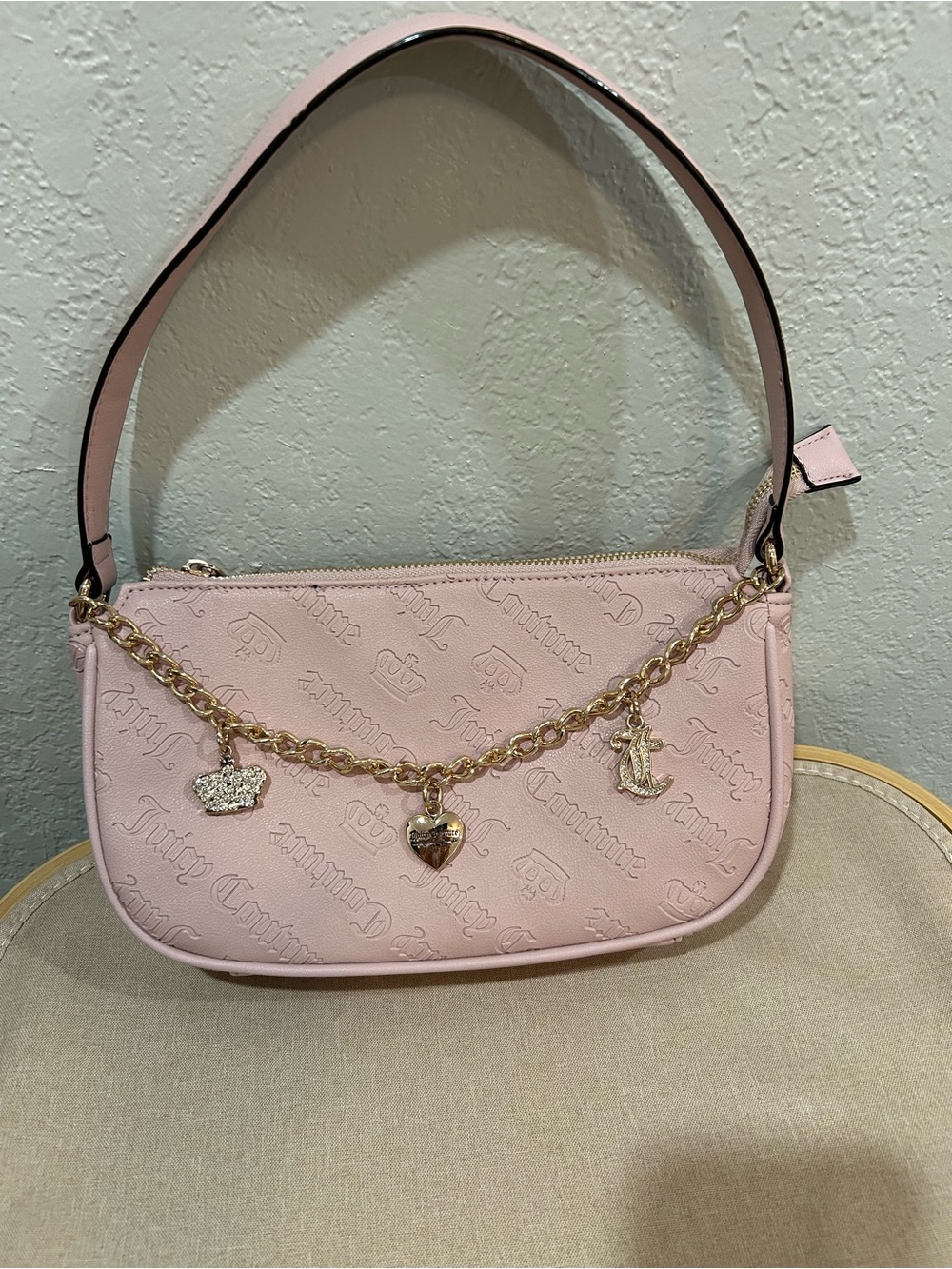 Juicy Couture Light Pink Embossed Shoulder Bag with Gold Charm Chain